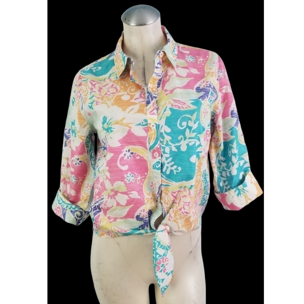 Chico's Size 0 S Multi-color Tie Front Button Up Shirt No Iron